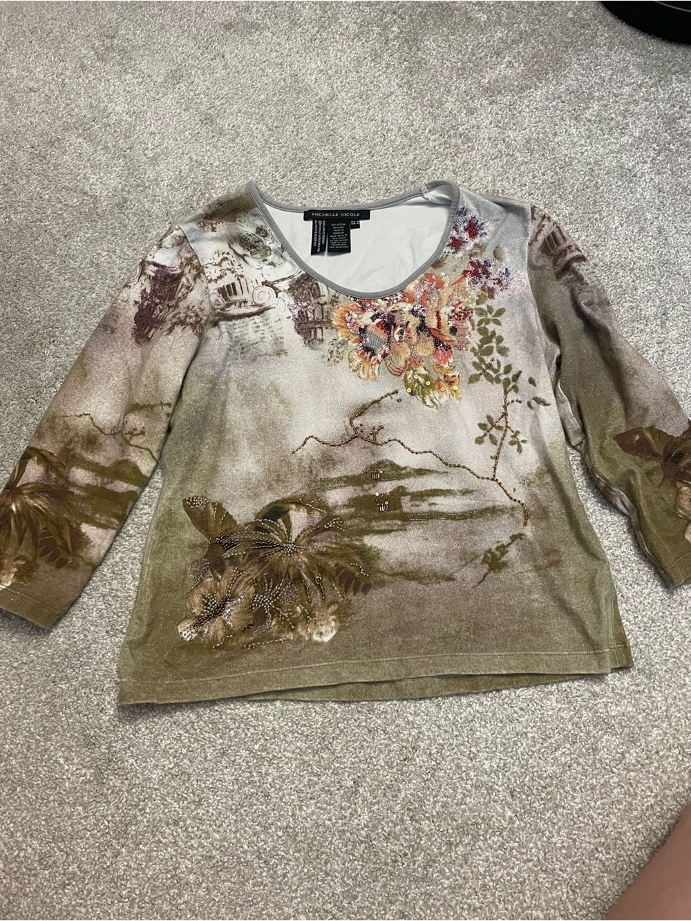Embellished Floral Scenic Top Vintage Michelle Nicole